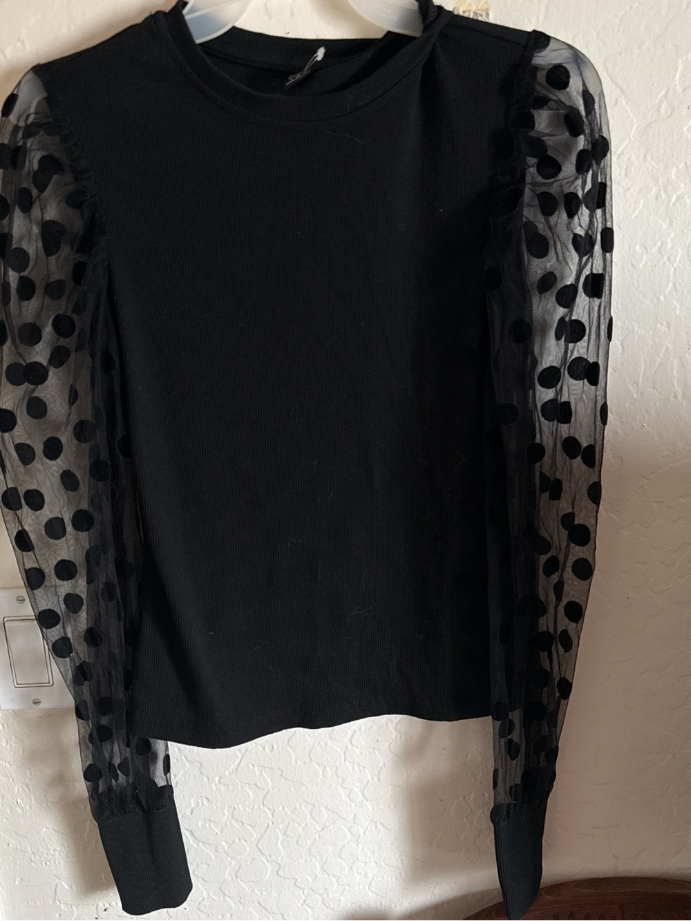 SHEIN Black Polka Dot Mesh Sleeve Long Sleeve Top